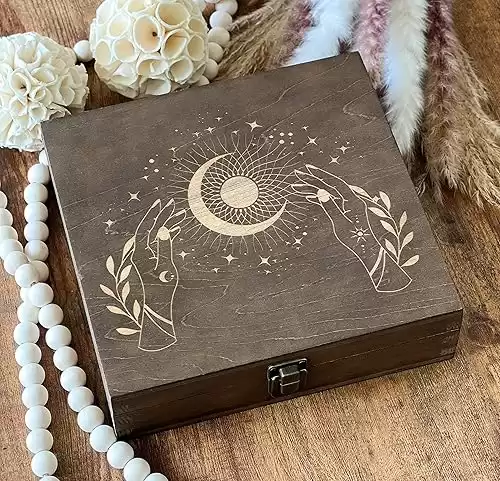 Crystal Storage Box Mystery Box Sun And Moon Box Witchy Gifts Crystal Box Storage Crystal Organizer 5th Anniversary Gift 8.5 x 8 x 2.5 in. Dark Walnut